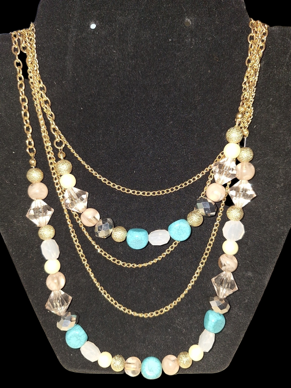 Multi-Strand Gold Tone Necklace with Turquoise and Neutral Beads